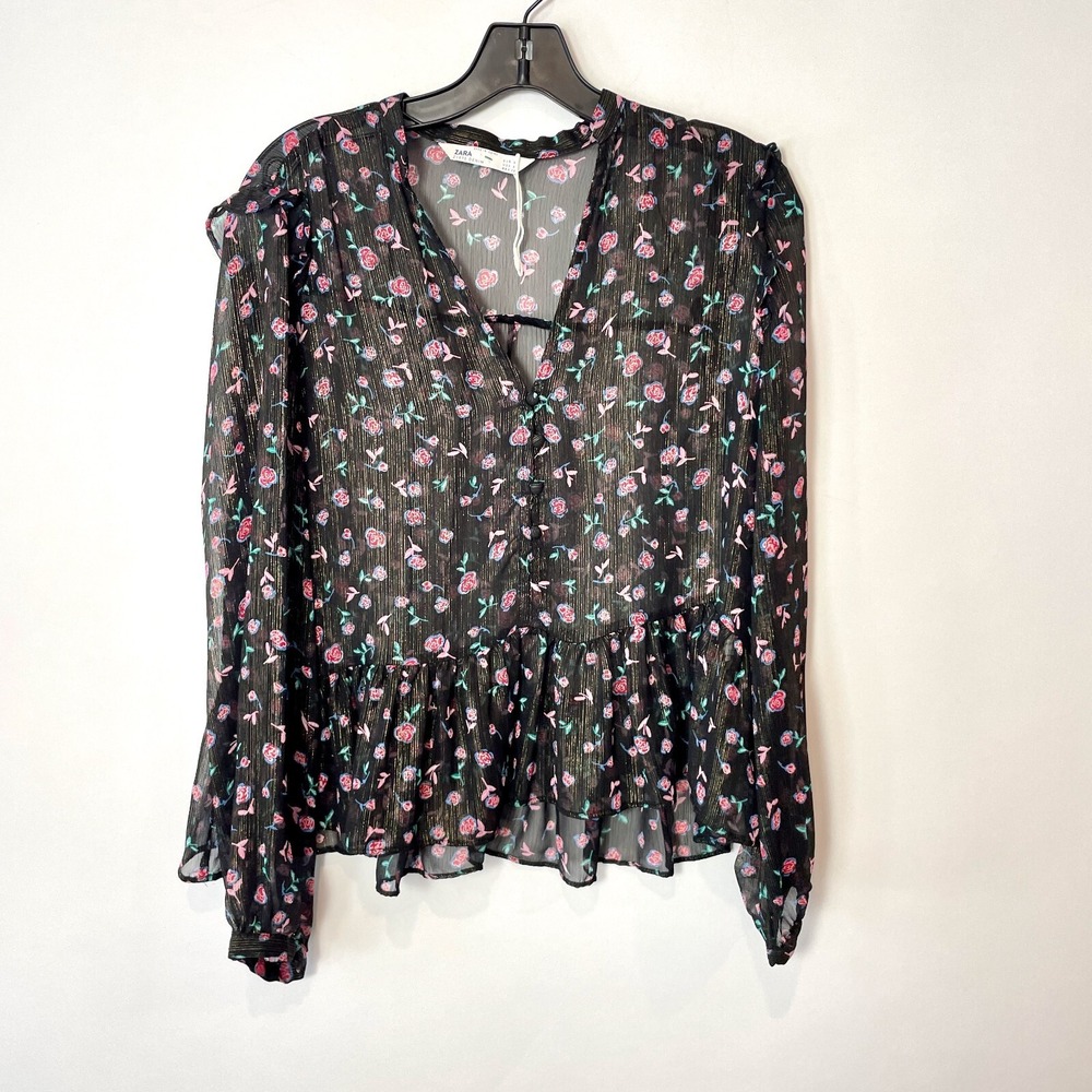 ZARA Floral Peplum Blouse Top Womens S Black Sheer Metallic Gold Long Sleeve